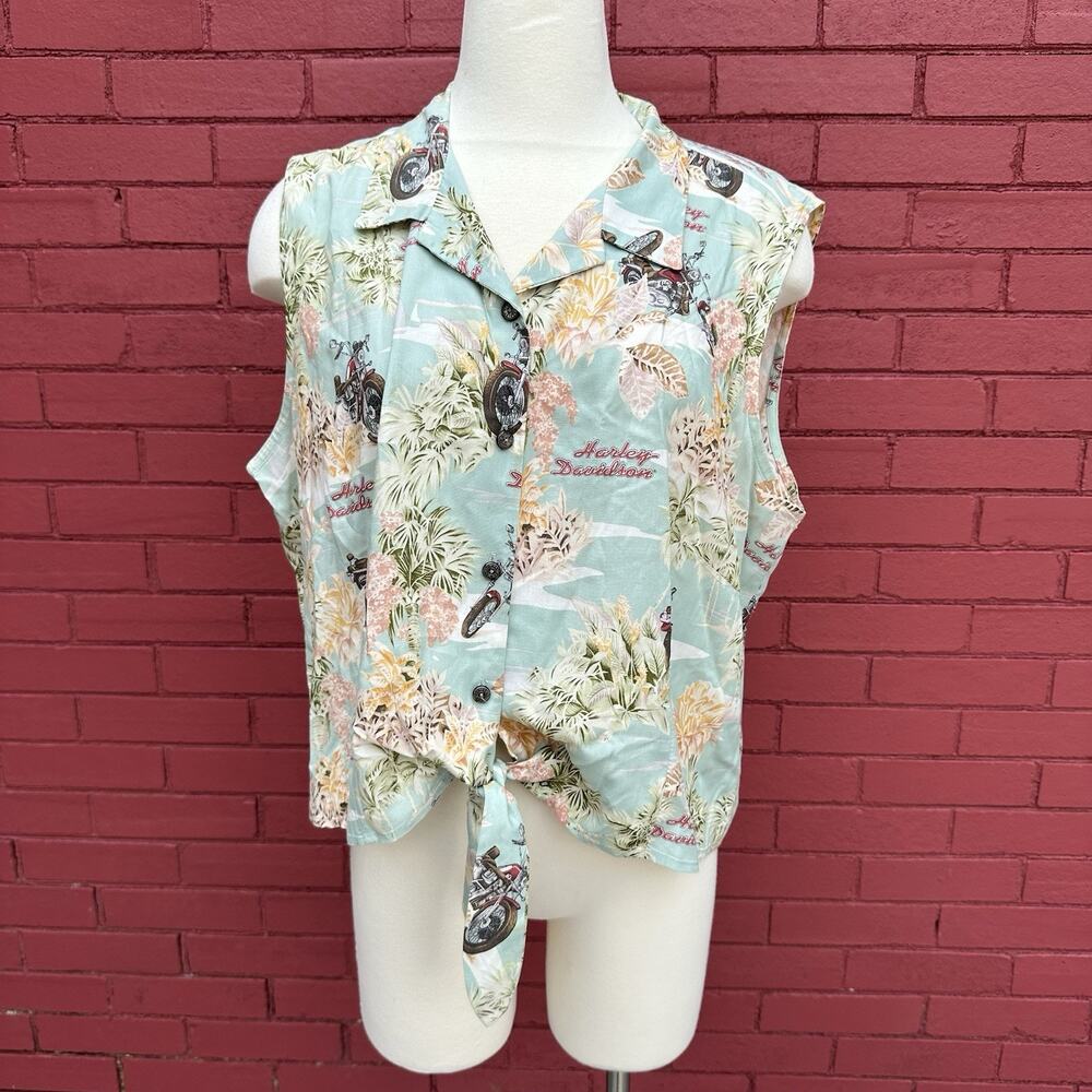 Vtg Harley Davidson Tori Richard Hawaiian‎ Shirt Womens 2XL Motorcycle AOP USA